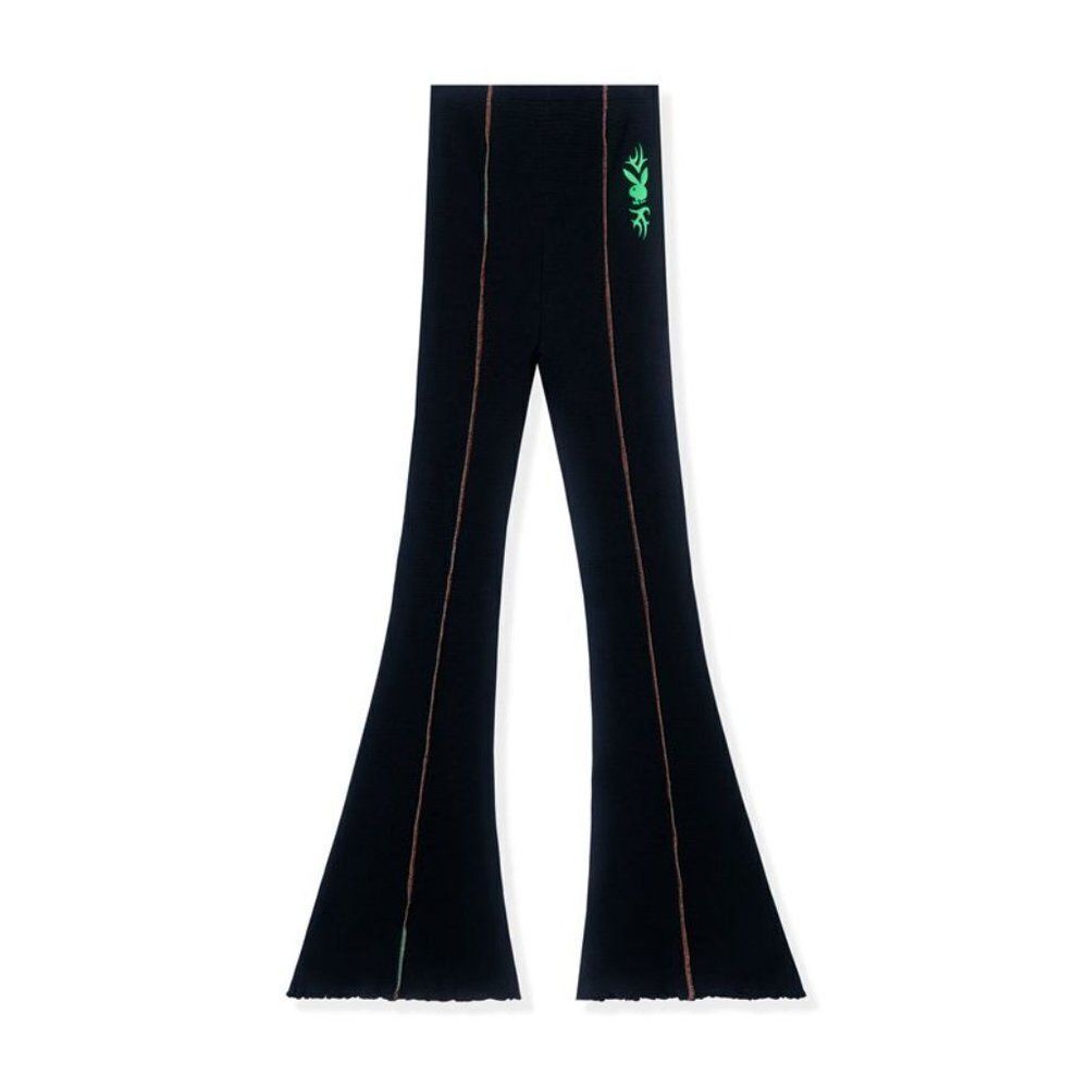 Playboy by PacSun Y2K Front Contrast Stitch Ribbed Flare Leggings Pants Black L - Picture 3 of 10
